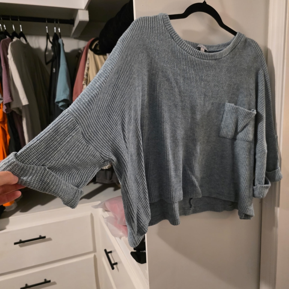 Blue Ribbed Knit Sweater with Pocket